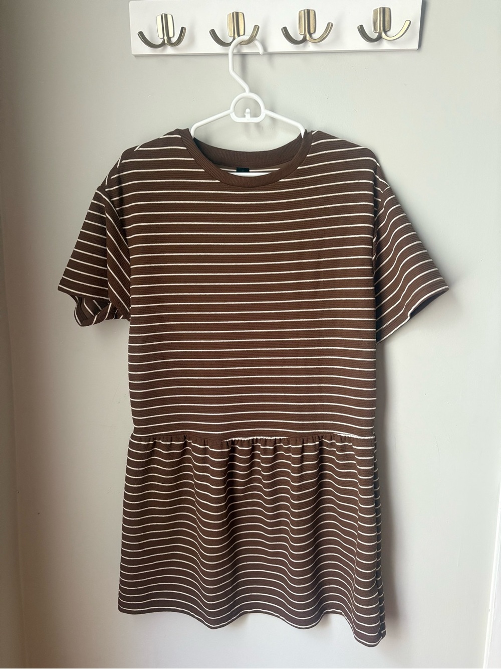 Casual Brown & White Striped Peplum Tee Dress